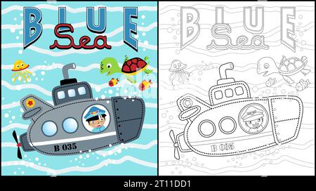 Coloring book of little boy cartoon in submarine with marine animals Stock Vector
