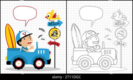 Coloring book of little boy cartoon driving car with a bird perch on traffic sign Stock Vector