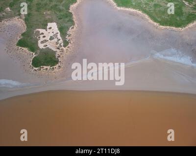 Aerial top view of a pink salt lake. Azov Ukraine Stock Photo