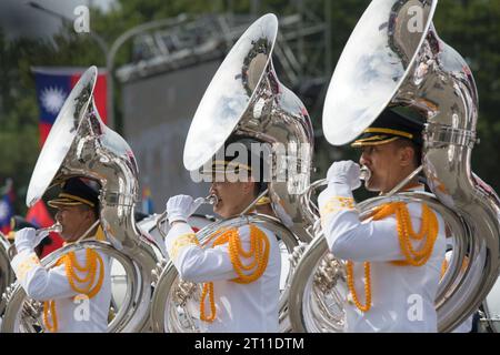 Taipei, Taiwan. 10th Oct, 2023. A military band performs during Taiwan National Day, also called Double Ten, in downtown Taipei on October 10, 2023. Credit: ZUMA Press, Inc./Alamy Live News Stock Photo