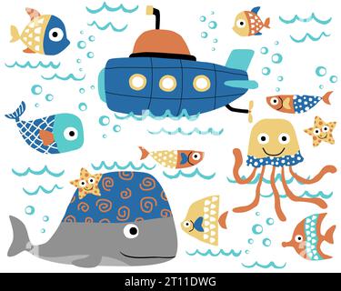 Vector set of hand drawn marine animals in colorful ornament with submarine Stock Vector