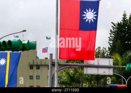 Taipei, Taiwan. 10th Oct, 2023. An airship flies the Taiwanese flag during Taiwan National Day, also called Double Ten, in downtown Taipei on October 10, 2023. Credit: ZUMA Press, Inc./Alamy Live News Stock Photo
