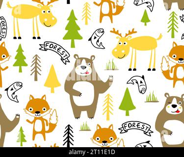 Vector seamless pattern of hand drawn funny animals cartoon, forest elements illustration Stock Vector