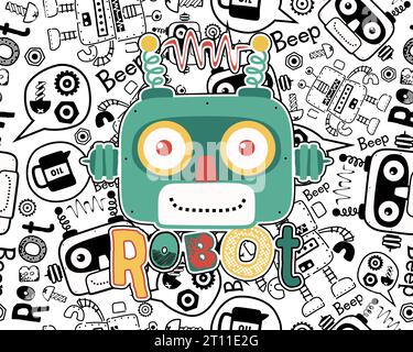 Vector of funny robot head cartoon on seamless pattern robots elements background Stock Vector