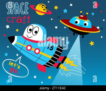 Vector of funny spacecraft cartoon in galaxy Stock Vector