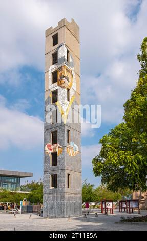 Portrait of emir Sheikh Tamim bin Hamad by Dimitrije Bugarski on the training tower in the courtyard of the Doha Fire Station, Doha, Qatar Stock Photo