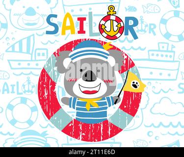vector of funny koala cartoon in sailor uniform in lifebuoy on seamless pattern of sailing elements illustration Stock Vector