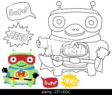 Vector of funny alien super hero cartoon, coloring book or page Stock Vector