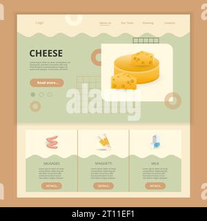 Cheese flat landing page website template. Sausages, spaghetti, milk. Web banner with header, content and footer. Vector illustration. Stock Vector