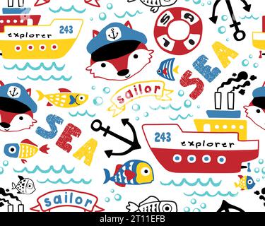 Seamless pattern vector of hand drawn sailing elements cartoon, cute fox in sailor cap Stock Vector