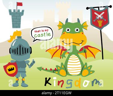Vector of funny dragon cartoon with little knight holding shield on castle background Stock Vector