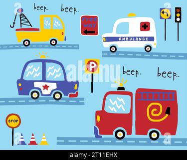 Vector set of hand drawn rescue vehicles cartoon in road with traffic signs, traffic elements illustration Stock Vector