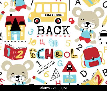 Seamless pattern vector of funny mouse cartoon with school supplies, school elements illustration Stock Vector