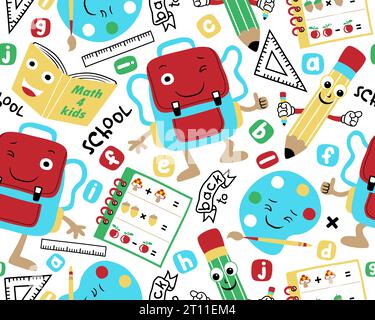 Seamless pattern vector of funny school supplies cartoon, students supplies element illustration Stock Vector