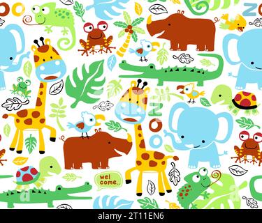 Seamless pattern vector of funny colorful animals cartoon, jungle elements illustration Stock Vector