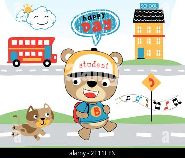 Vector cartoon of funny bear with cat going to school, back to school theme cartoon Stock Vector