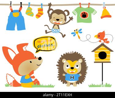 Vector set of funny woods animals cartoon drying clothes Stock Vector