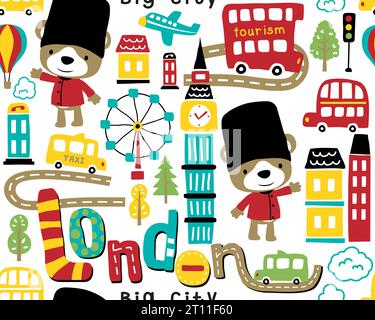 Seamless pattern vector of London city elements cartoon with funny bear in royal guard costume Stock Vector