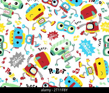 Seamless pattern vector of robots cartoon dancing Stock Vector