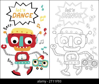 Vector of funny robot cartoon dancing while carrying tape recorder, coloring book or page Stock Vector