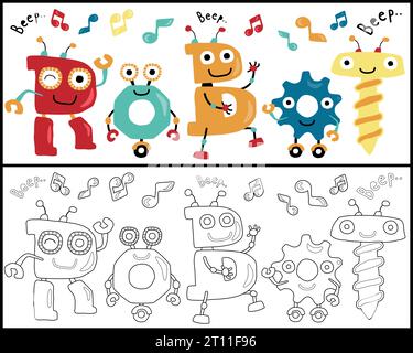 Vector set of robots alphabet cartoon, coloring book or page Stock Vector