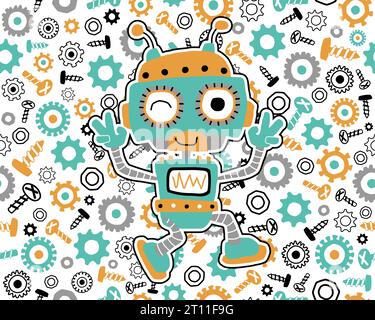 Seamless pattern vector of robot cartoon on bolt, nuts and gear background Stock Vector
