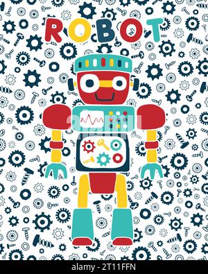 Smiling  robot cartoon on seamless pattern of bolt, nuts and gear background Stock Vector