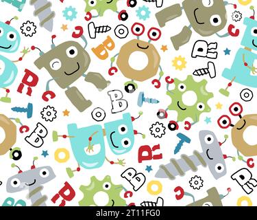 Seamless pattern vector of funny robots alphabet cartoon, robot elements illustration Stock Vector