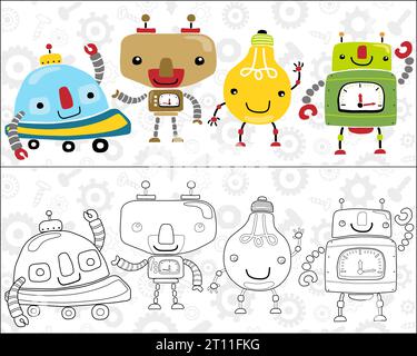 Vector set of funny little robots cartoon on nuts, bolts and gear background, coloring book or page Stock Vector