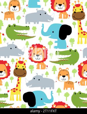 Seamless pattern vector of colorful animals cartoon with trees Stock Vector
