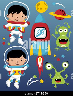 vector illustration of astronauts cartoon characters in outer space with aliens, spaceship and planets Stock Vector