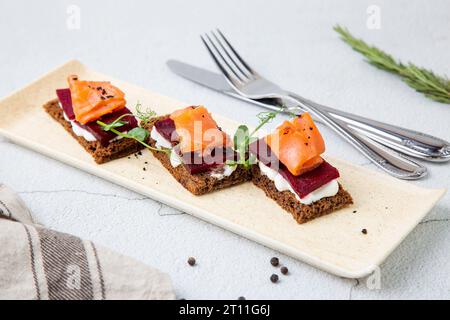 bruschetta with pear, gorgonzola and blueberries side view Stock Photo