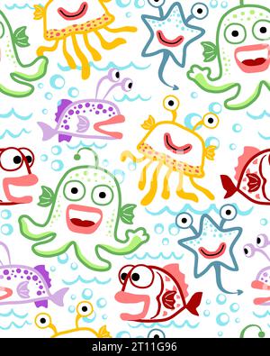 Seamless pattern vector with underwater doodle monsters cartoon Stock Vector