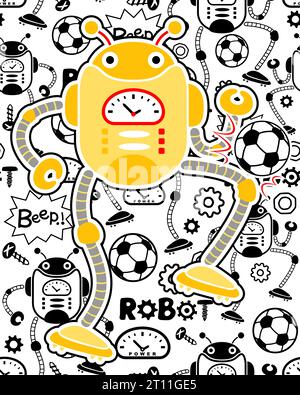 Seamless pattern vector of robots soccer elements illustration with yellow robot cartoon Stock Vector