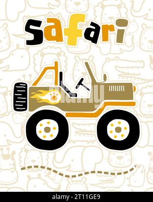 vector illustration of safari car cartoon on seamless pattern animals background Stock Vector