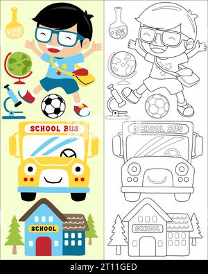 Vector illustration of happy student cartoon with schools elements. Coloring book or page for kids Stock Vector