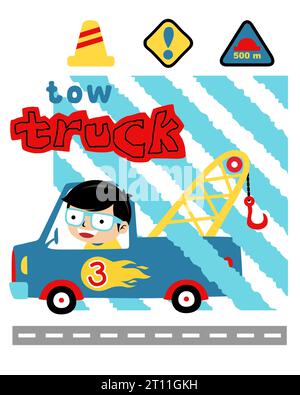 Vector illustration of boy on tow truck cartoon with traffic signs Stock Vector