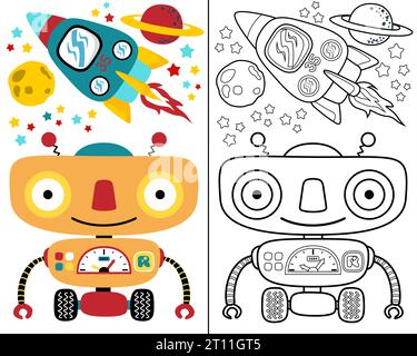 Vector illustration of little robot cartoon with rocket and planets, coloring book or page Stock Vector