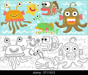 Vector illustration of sea monsters cartoon, coloring book or page Stock Vector