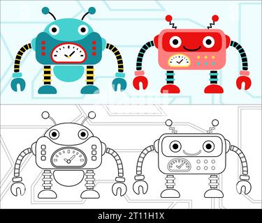 Vector illustration of funny robots cartoon, coloring book or page Stock Vector