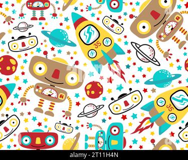 Seamless pattern vector of outer space elements cartoon with funny robot Stock Vector