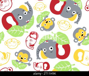 Vector seamless pattern of cute animals cartoon, elephant with monkey and leaves Stock Vector
