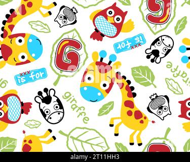 Vector seamless pattern of giraffe and owl cartoon with leaves Stock Vector