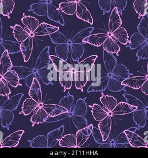 Pink and blue butterflies on a dark background. Seamless pattern of moths. Vector illustration. Stock Vector