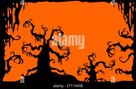 Orange background with black silhouettes of scary branches of a magical ...