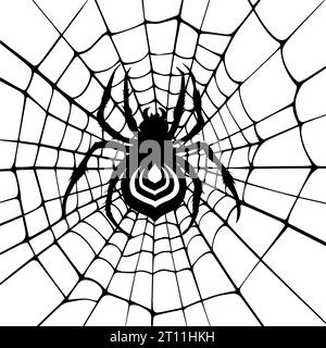 Spider sits on a web. Vector black silhouette of a spider and web on a white background. Square illustration. Stock Vector
