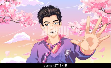 Cute young man waving his hand. Romantic illustration with blooming sakura branches with falling petals against the background of a pink sunset sky. V Stock Vector