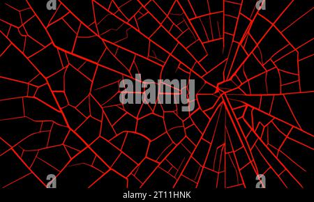 Black background with red cracks. Vector silhouette of cracks in glass. Red cracks isolated on black background. Element for design. Stock Vector