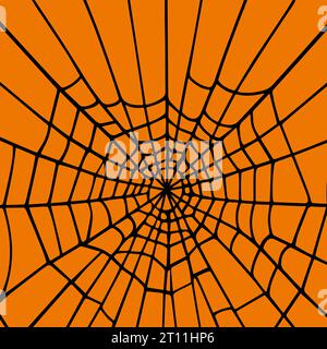 Orange background with spider round web. Vector silhouette on a black background. Element for Halloween design. Stock Vector