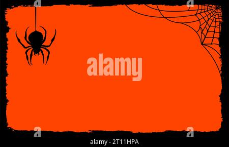 Background with silhouettes of spider round black web and framed spider. Vector silhouette, Elements for Halloween design. Stock Vector